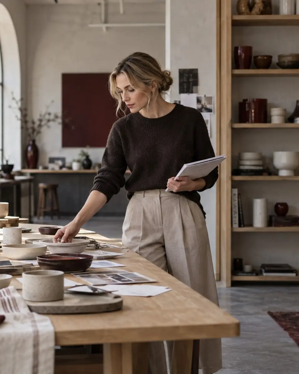 A ceramic founder reviewing products and plans in her studio